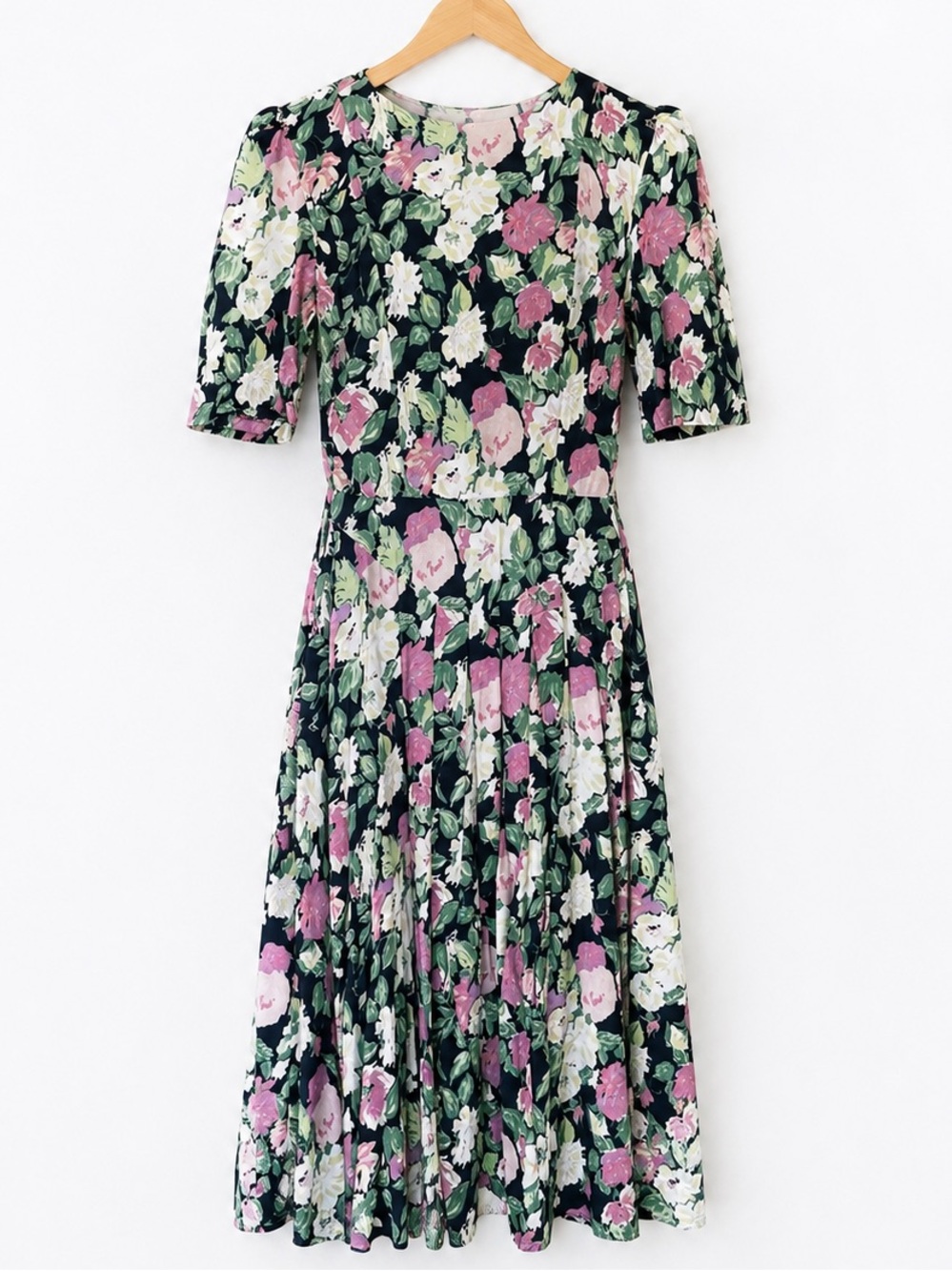 Vintage Ed Michaels Floral Rayon Midi Dress Black Pink Cottagecore USA